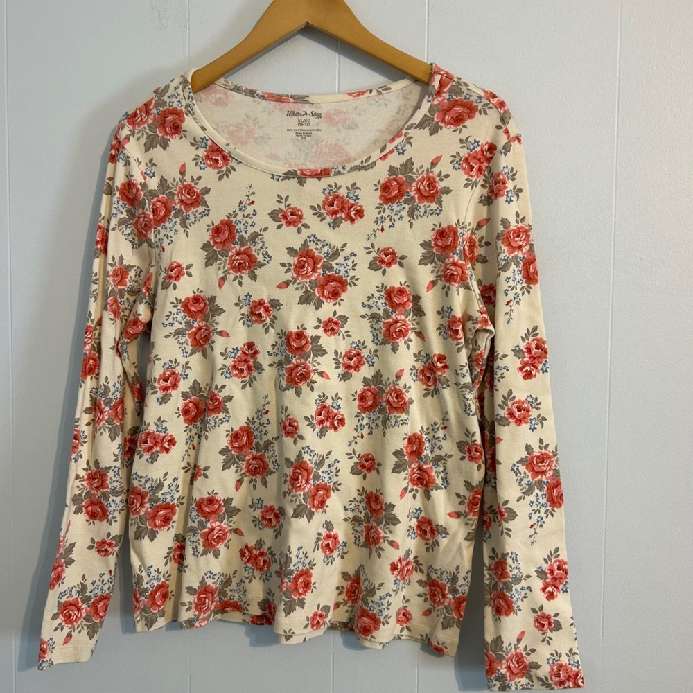 White Stag Womens Long Sleeve Floral Roses Shirt Top XL XG 16 18‎ Cream Red Blue